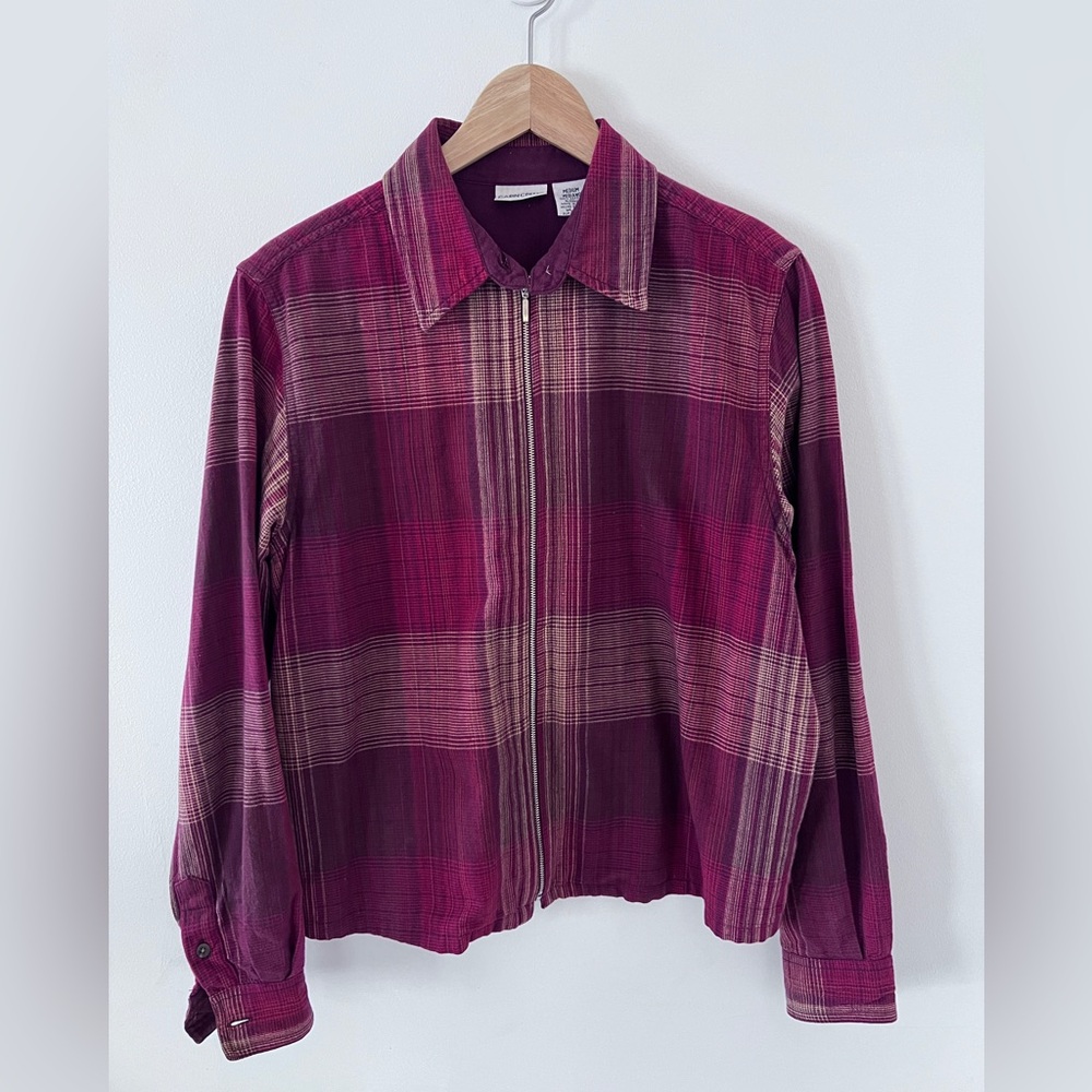 Women’s Plaid Zip-Up Shirt in Burgundy and Pink